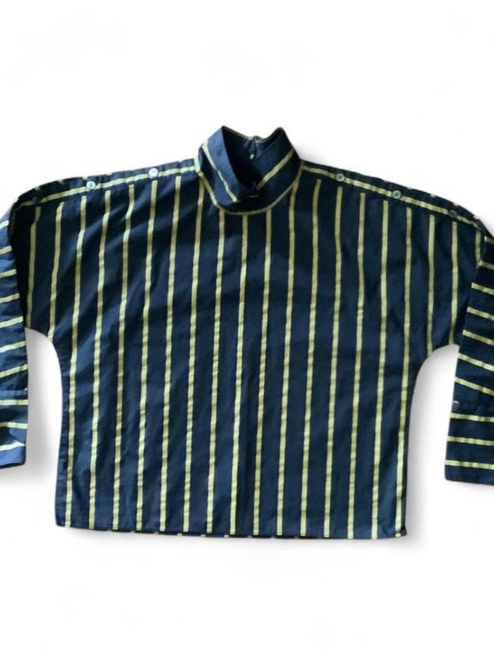 Moon River Navy & Yellow Striped Mock Neck Long Sleeve Top w/ Button Detailing